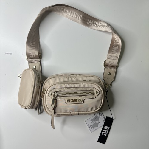Madden NYC Women's Mini Pouch Front Pocket Convertible Bag Beige Gold Coin Fanny - Picture 12 of 15
