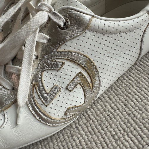 Gucci Vintage White Silver Leather Tennis Trainers Large Logos Perforated Size 5 - Picture 11 of 11