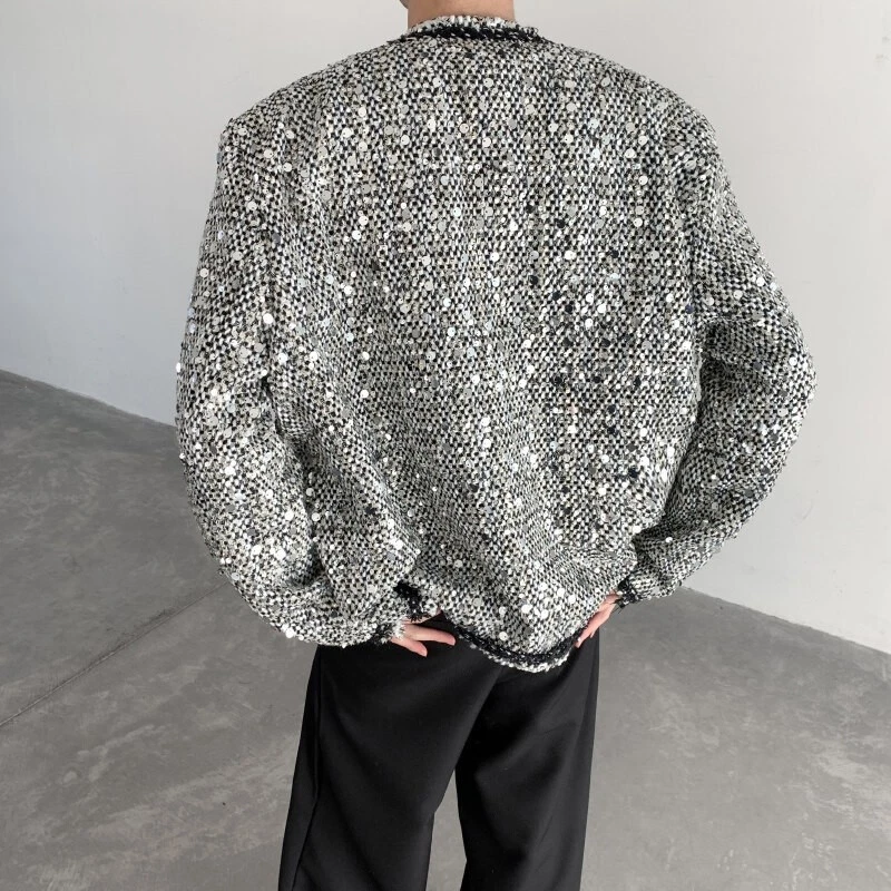 Men's Short Collarless Jacket Nightclub Stage Sequin Shoulder Wool Suit Jackets - Image 4 of 4