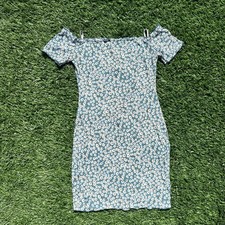 SHEIN Women's M Daisy Floral Ribbed Off Shoulder Bodycon Mini Dress Teal Blue