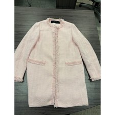 Zara Basic Collection Pink Tweed Fringe Trim Long Jacket Coat Women's XS