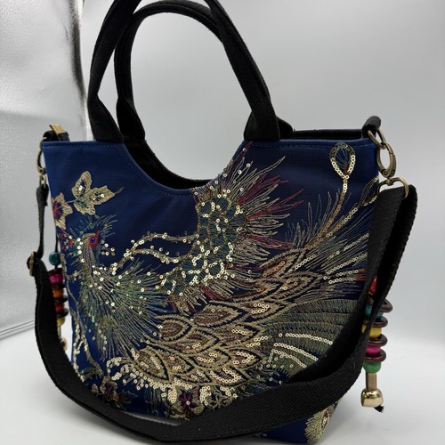 Vintage Lady Sequin Handbag Canvas Bag Peacock Embroidery Chinese Banquet Ethnic - Picture 1 of 11