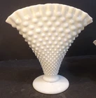 Vintage LARGE Fenton White Milk Glass HOBNAIL FAN VASE 8" tall Crimped Edge