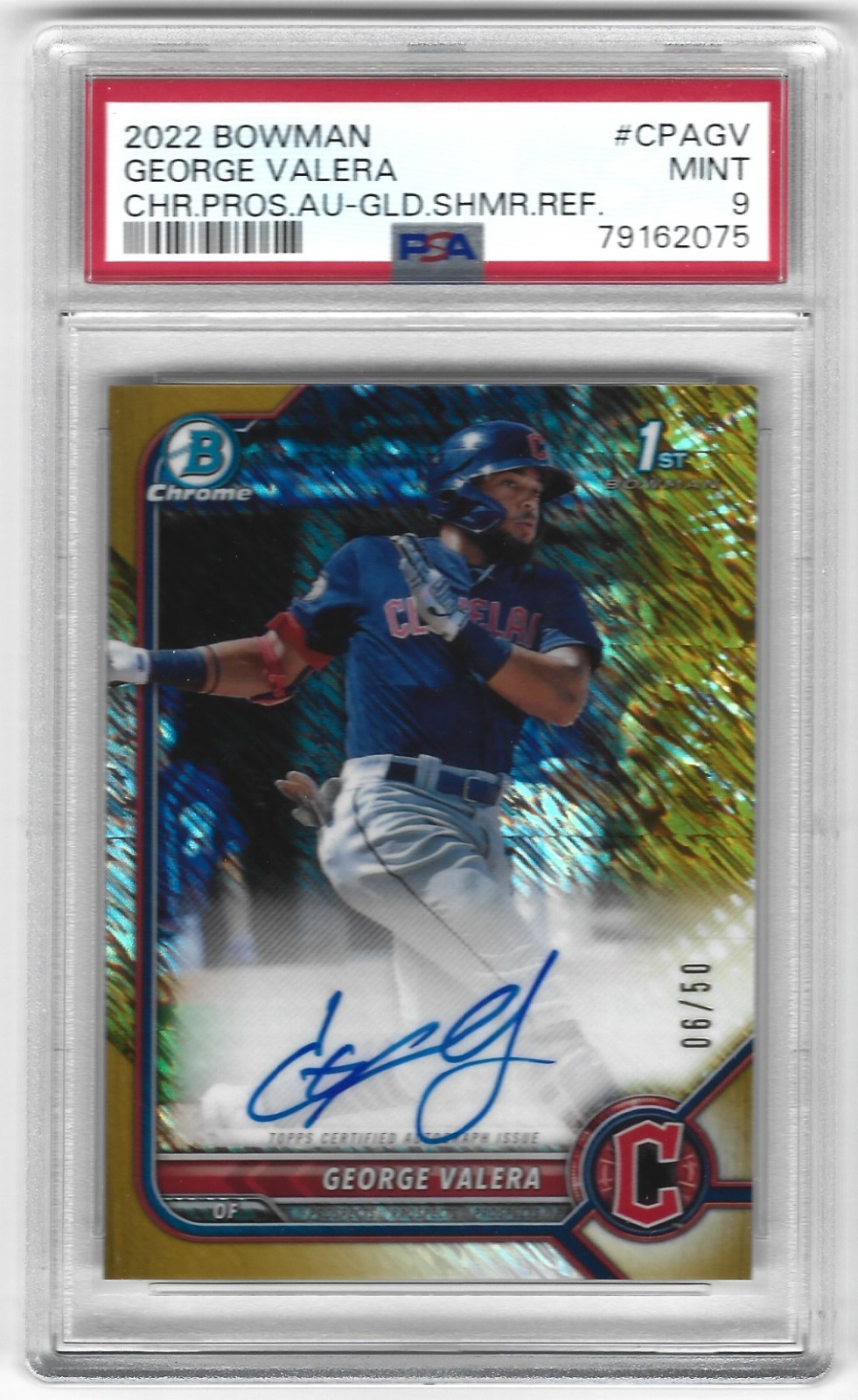 2022 Bowman Chrome GEORGE VALERA #'d 50 Auto Gold Shimmer Refractor 1st RC PSA 9