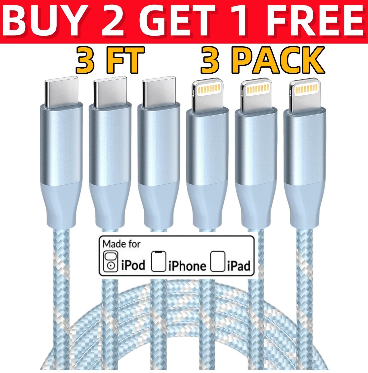 3Pack 3Ft Type C to Lightning Cable MFi Certified Fast Charging Cable For iPhone-image