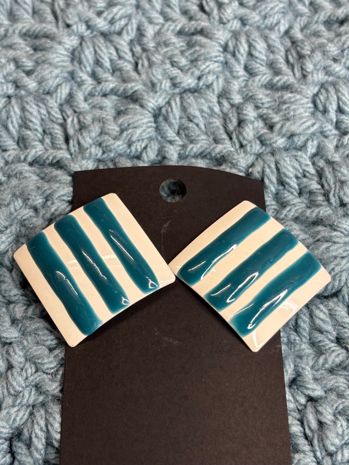 Square Statement Stud Earrings White Green Stripe… - image 1