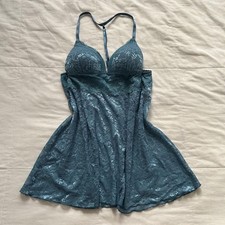 Blue Lace Babydoll Slip Dress Floral Lace Padded Cups Coquette Fairycore