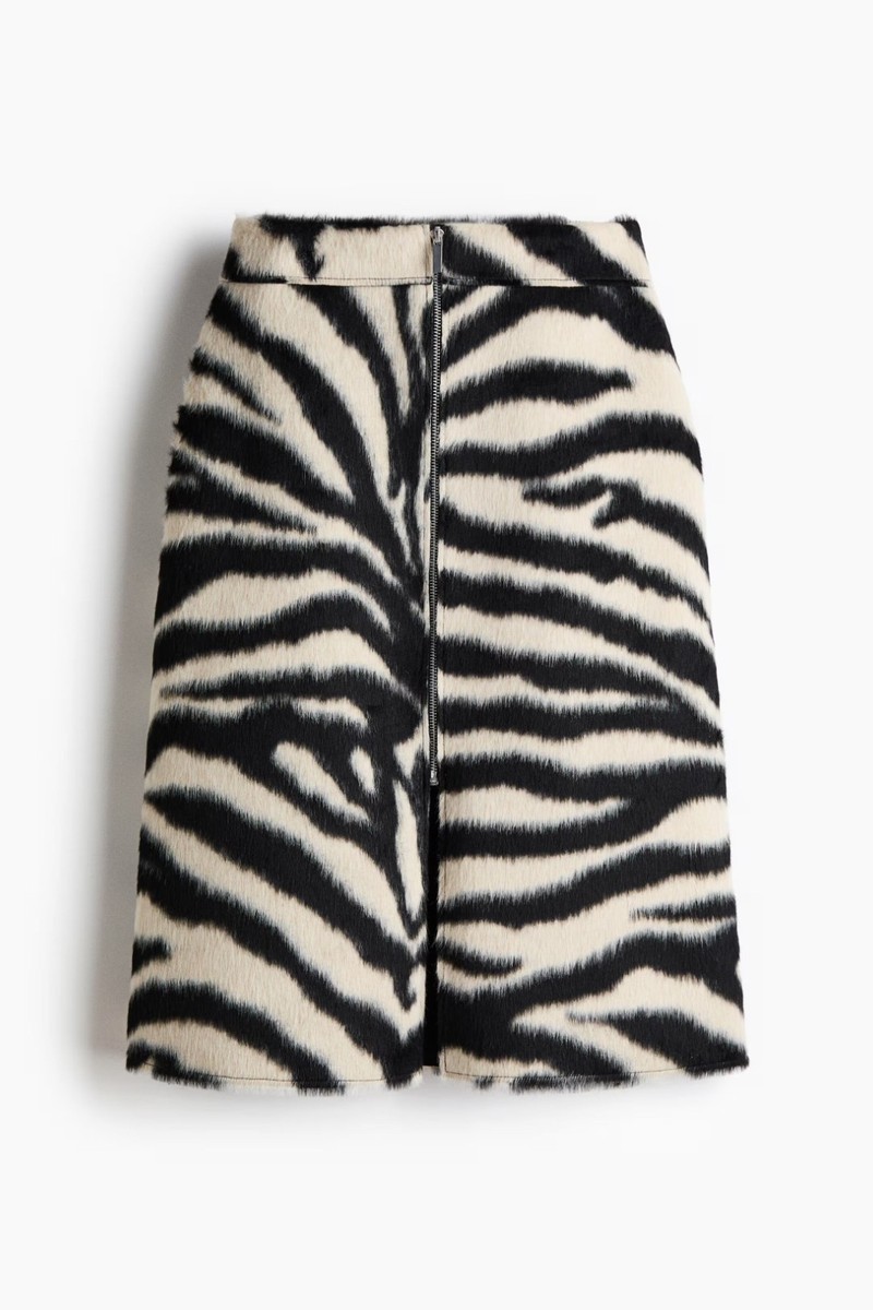 H&M WOMEN Zebra Print Zip-Front Skirt Faux Fur Textured High Waist