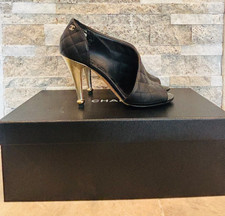 CHANEL Quilted Leather Open Toe D'orsay Side Cut Out Ankle Bootie Heels