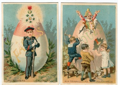 Glanzbilder Karte Litho Ei Ostern Kinder zerstören Ei Blumen 12cm