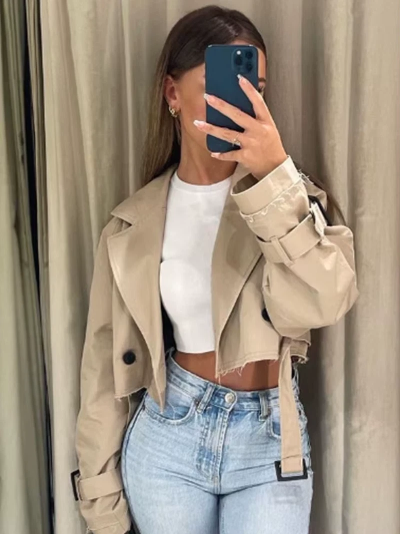 Vintage Belted Cropped Trench Coat – Women's Double-Breasted Spring Jacket
