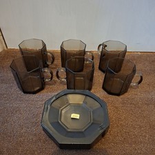 Vintage Arcoroc France Octime Smoked Glass Octagon Set Of 4 Cups And Saucers