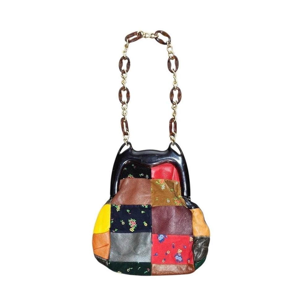Bolso de Colección Años 60 Italiano Cuero Patchwork Lucite Marco Cadena Tortuga Correa BOHO Foto 3 de 4