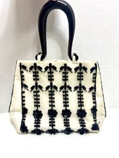 Ivory Evening Bag W/ Black Beads Floral Mini 8 1/2 X 6 X 2 1/2 Top Handle