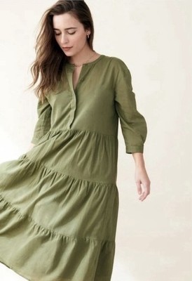 Jenni Kayne James Tiered Dress XS Moss Green Cotton Linen Midi A-Line