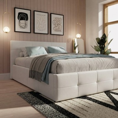 Klassisches King Size Ottoman Bett in weißem Kunstleder mit einfachem Gashebemechanismus
