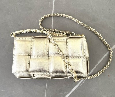 NEW! Cassete Small Padded Gold Crossbody bag Vera Pelle 8''x5''x2  Made In Italy