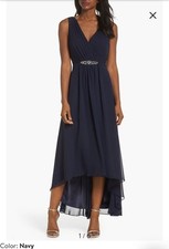 Eliza J Women's Navy Blue Chiffon Dress Embellished, High/Low, Size 12