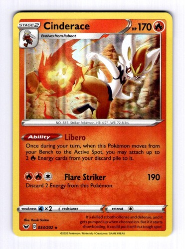 Cinderace (034) SWSH01: Sword & Shield Base Set #034 (2020) Holo NM Pokemon
