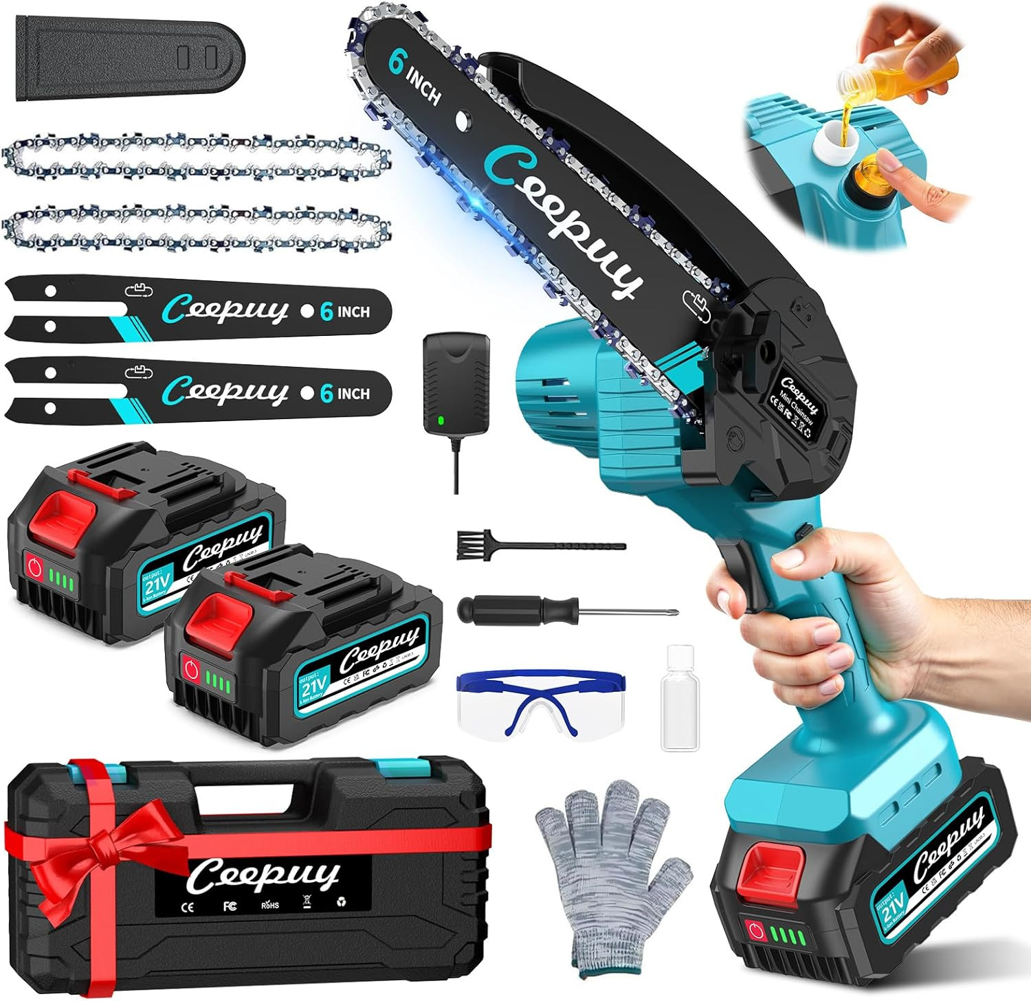 6 Pollici Mini Motosega a Batteria per Potatura 2X5000 Mah, 880W Motosega Elettr