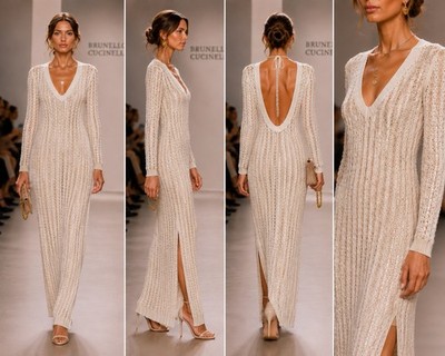 Brunello Cucinelli White Open Knit Crochet Sequin Maxi Dress Sz M NWT