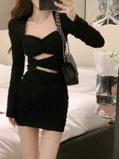 Bodycon Dress Women Short Party Dress Pure Color Elegant Vintage Y2k Mini Dress