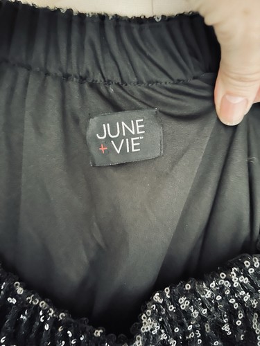 Vestido Jun & Vie Negro Lentejuelas Hombro Descubierto Manga Acampanada Talla L - Imagen 3 de 3