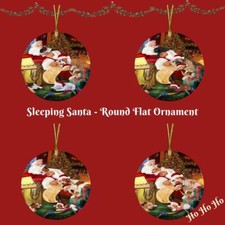 Santa Sleeping with Gifts Dogs Cats Round Flat Christmas Tree Ornament