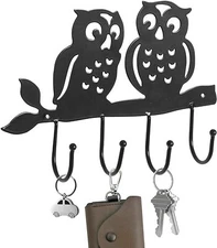 Wall Mounted Decorative Owl Black Metal Hanging Key Hook Storage Organizer Rack