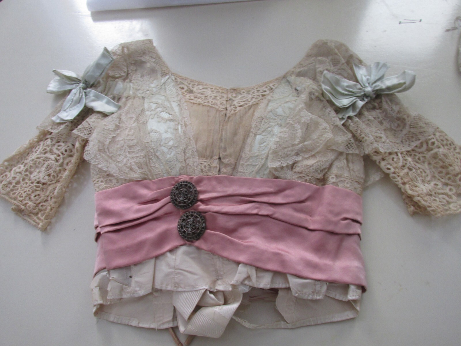 ANTIQUE VICTORIAN EDWARDIAN FRENCH SILK & LACE BODICE FESTOONED W