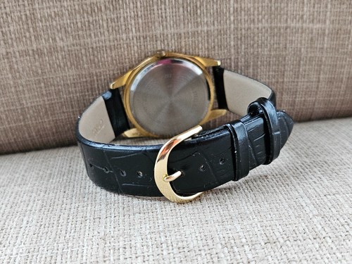 Fashion Wristwatch Gold Tone Case Black Leather Strap Analog Quartz Unisex Watch - Picture 12 of 13