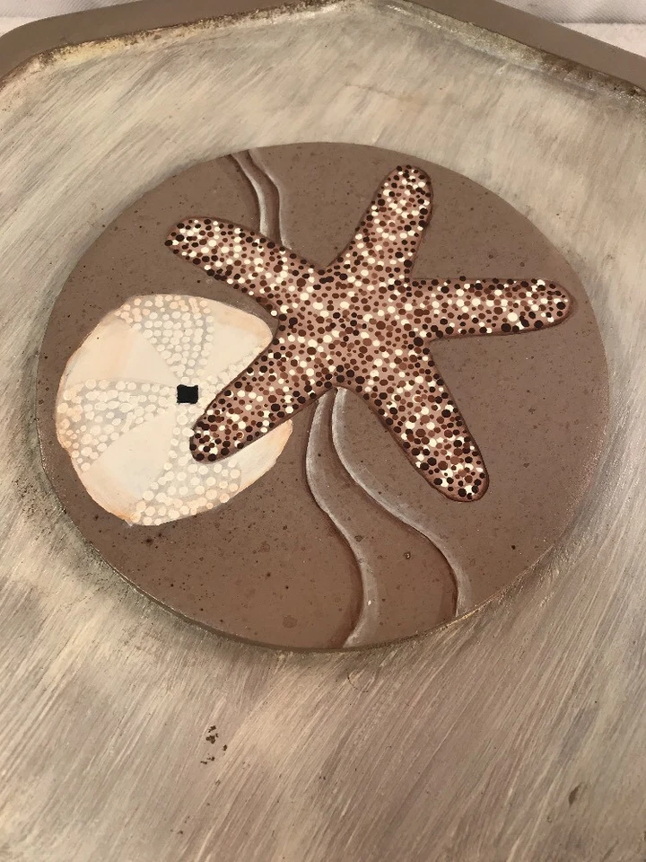 Vtg Cheese Dip Glass Dome Wood Footed Base Star Fish Shell Beach Serving Tray - Image 3 of 4