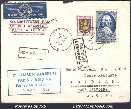 FRANCE LETTER FOR ABIDJAN 19/04/1953 UNCLAIMED AND RETURN TO SENDER