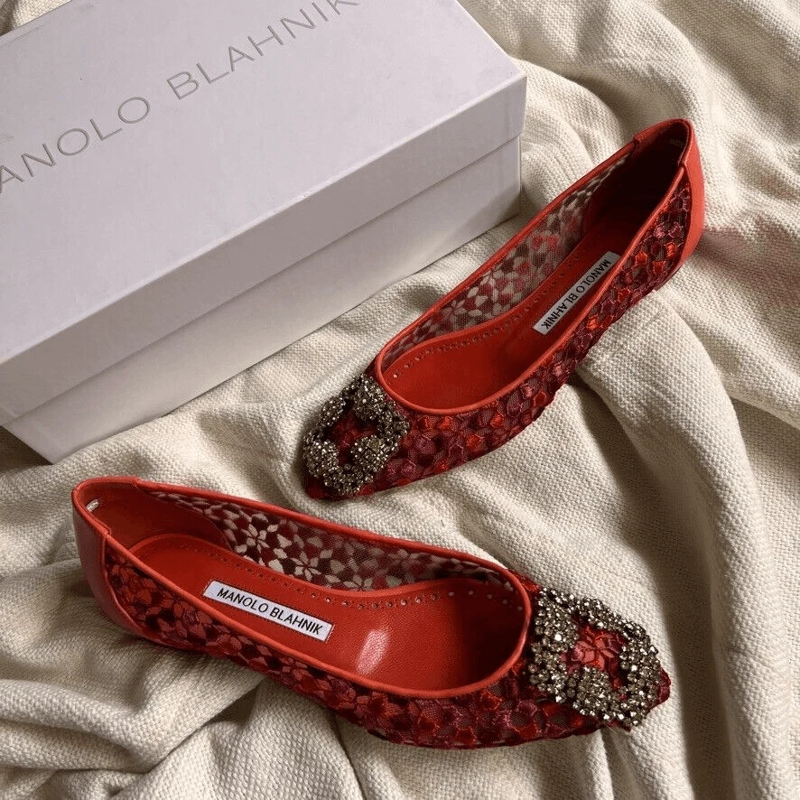 Manolo Blahnik Hangisi Flats Jewel Buckle Lace Orange Pink 36 NEW