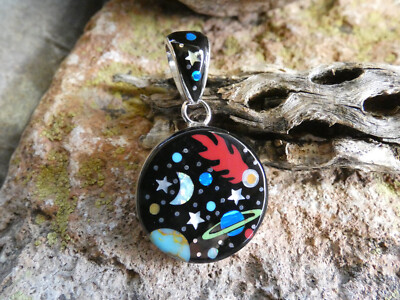 Galaxy Night Celestial Sky Micro Inlay Gemstone Sterling Silver 925 Pendant Q68