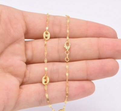 Mariner Anchor Chain Charm Anklet Real 14K Yellow Gold 10''