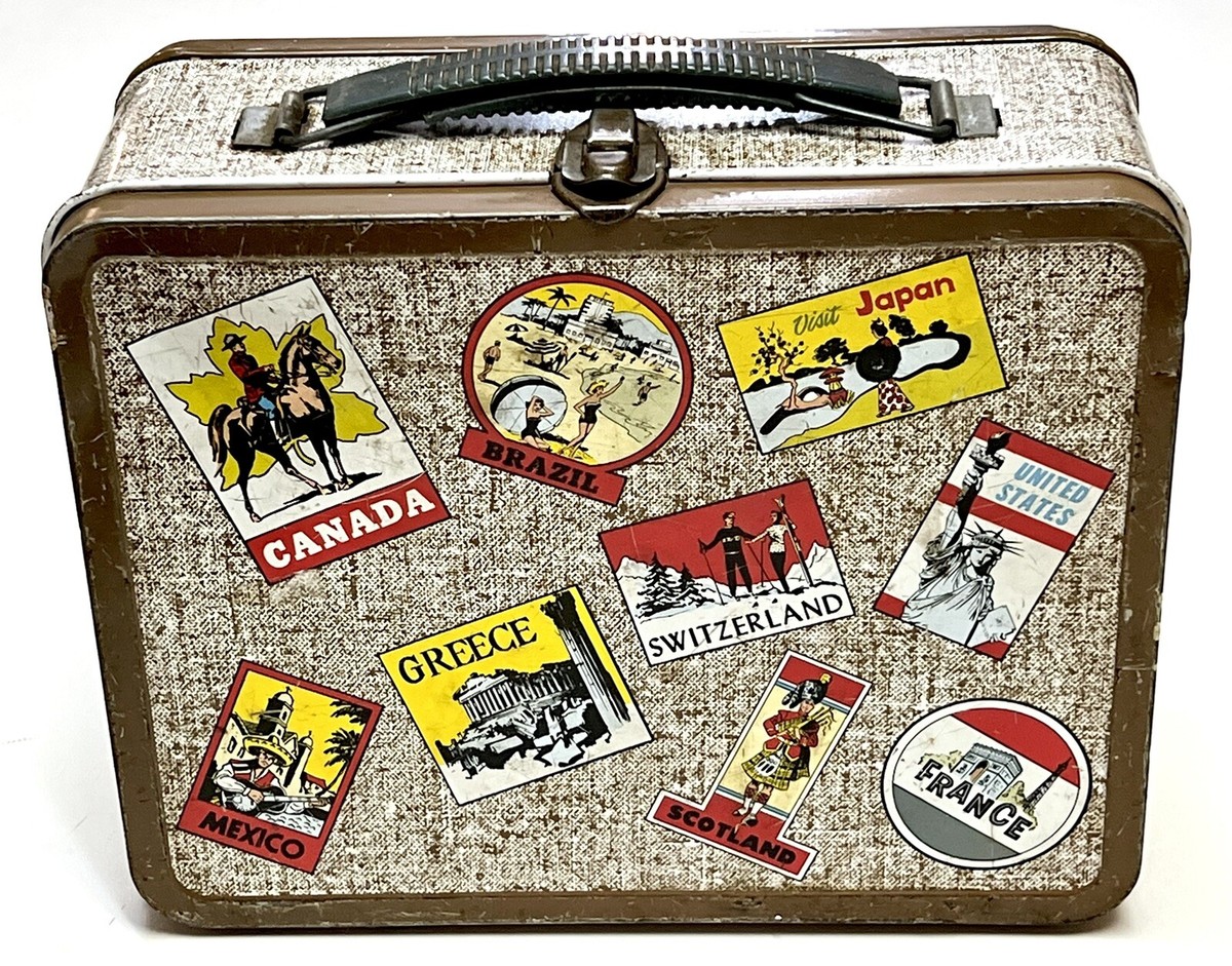 Vintage OHIO ART Travel Luggage Suitcase Metal Lunch Box BRN Globe