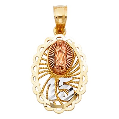 14K massives Gold Quinceañera Anhänger 0,86'' klein 14K süß 15 Guadalupe-3T-PT373