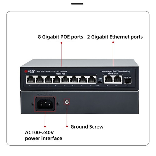 10 Port PoE +Ethernet Switch 2 Gigabit Uplink 120W No Power Supply Required - Picture 9 of 11