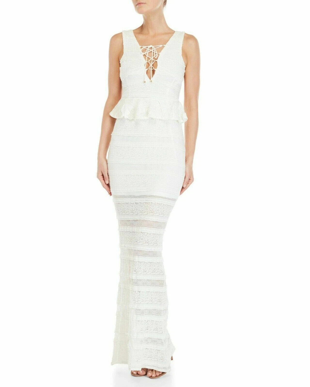 OFF WHITE Maxi Abito Pizzo Taglia S UK8 10 Foxiedox Lacciato Frill Off Bianco Nuovo Party