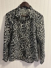 Women  s Sheer Leopard Print Blouse Long Sleeved Buttoned Size L