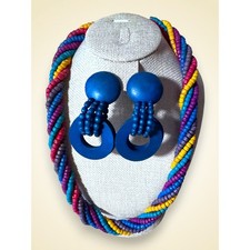 Vintage 1980s Multi Strand Twisted Wood Bead Necklace and Clip On Earring Set