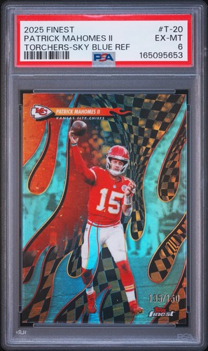 2025 TOPPS FINEST TORCHERS SKY BLUE REFRACTOR PATRICK MAHOMES II 135/150 PSA 6