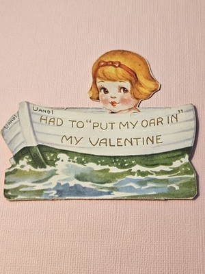Vintage Mechanical Valentine Card Rowboat Canoe  Put My Oar In  Die Cut Fold Out