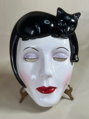 Vintage Art Deco Stil Keramik Wandmaske Dame schwarze Katze Maske Ära 80er #2238