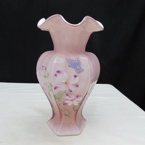 Fenton Dusty Rose Overlay Asters Hand Painted Hexagonal Vase 1997 W873