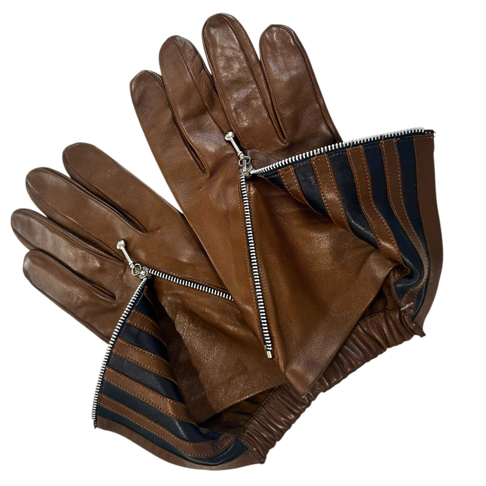 CLAUDE MONTANA - 1990s Brown Leather Zipper Gloves, Size 9