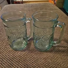 VTG Coca Cola Coke Mug Green Embossed Heavy Glass Stein w/ Handle Set of 2  5.5"