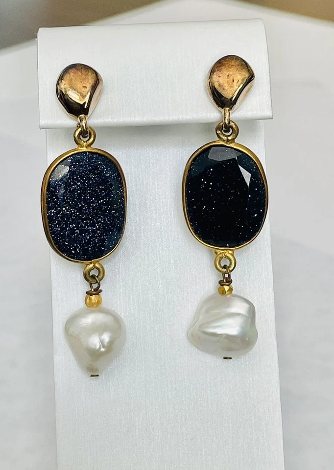 Blue Goldstone Druzy Dangle Earrings w/ Large Baroque Freshwater Pearls - Image 2 of 4