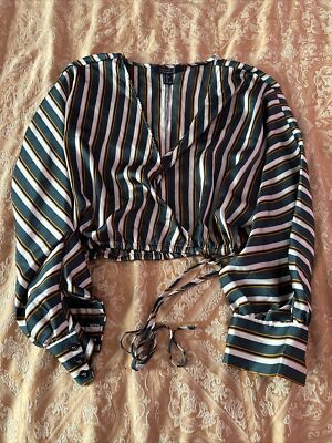 Forever 21 Blouse Women's SIZE XS Green Striped Surplice Crop